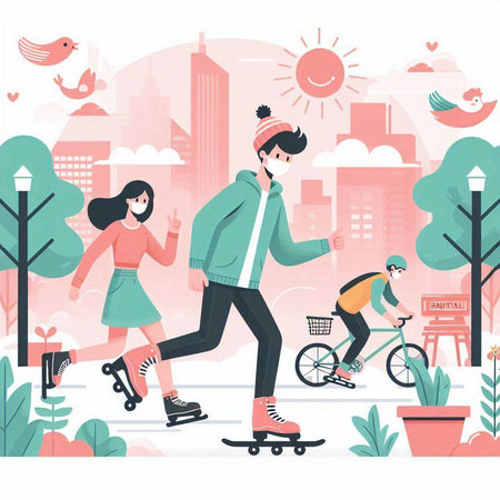 Vector illustration of a young couple riding on roller skates in the cityのイラスト素材