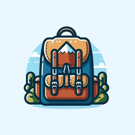 Camping backpack icon. Vector illustration of a backpack on a blue background.のイラスト素材
