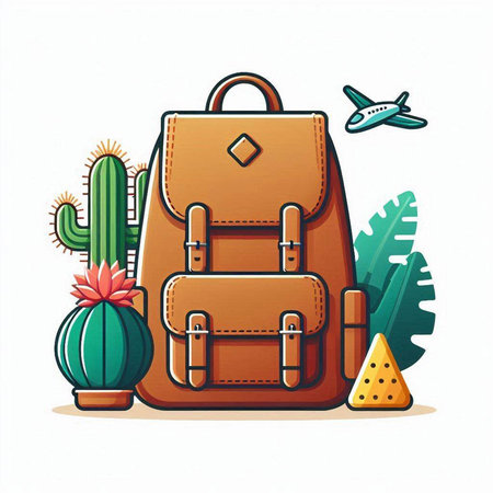 Travel bag with cactus, airplane and cactus. Vector illustrationのイラスト素材