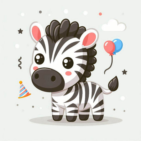 Cute zebra with balloons and party hat. Vector illustration.のイラスト素材