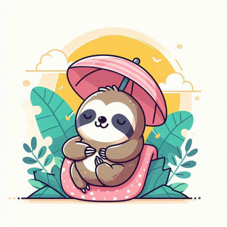 Cute cartoon sloth with umbrella on the beach. Vector illustration.のイラスト素材