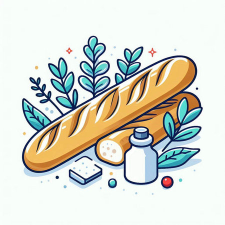French baguette and ingredients. Vector illustration in line art style.のイラスト素材