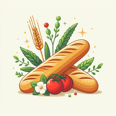 Baguette bread with tomatoes, wheat and flowers. Vector illustration.のイラスト素材