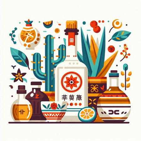 Mexican tequila bottles and cacti. Vector illustration.のイラスト素材