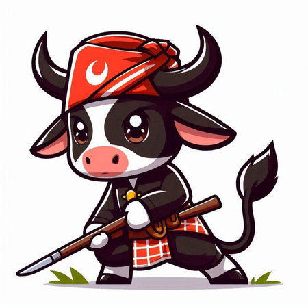 Cute cartoon cow in a red cap with a spear. Vector illustration.のイラスト素材