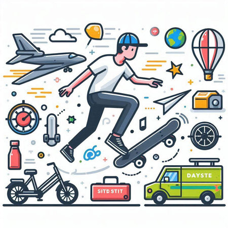 Skateboarder in flat linear style. Skateboarding, extreme sport, vector illustrationのイラスト素材