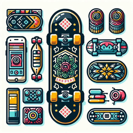 Set of colorful ethnic patterned skateboard icons. Vector illustration.のイラスト素材