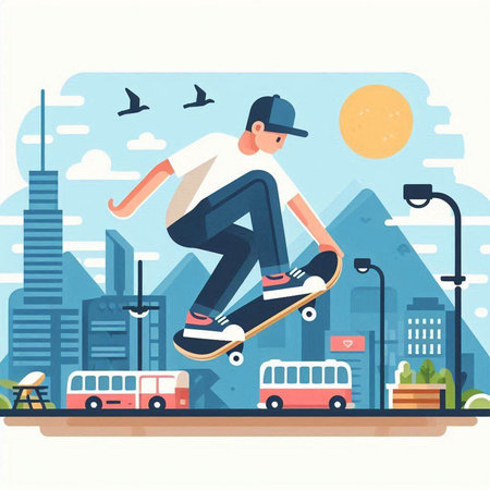 Skateboarder riding on a skateboard in the city. Flat vector illustration.のイラスト素材