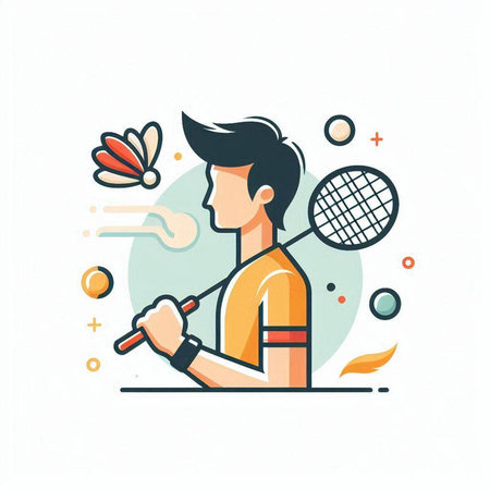 Badminton player with racket and shuttlecock. Vector illustration in flat linear style.のイラスト素材