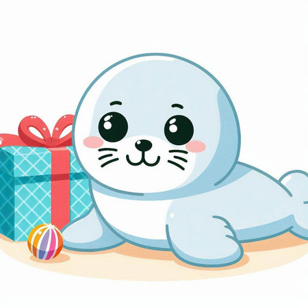 Cute baby seal with a gift and a present. Vector illustration.のイラスト素材