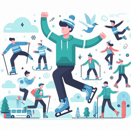 Winter sports. People on skates and snowboards. Flat vector illustration.のイラスト素材