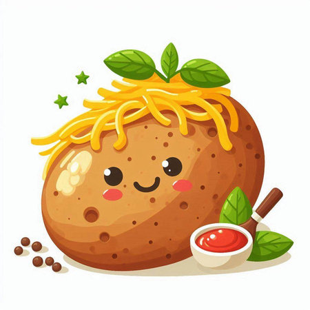 Potato with kawaii face and kawaii sauce. Vector illustrationのイラスト素材