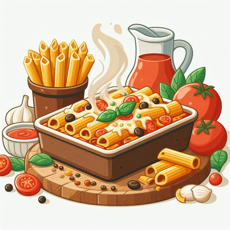 Illustration of a portion of traditional italian pasta with tomato sauceのイラスト素材