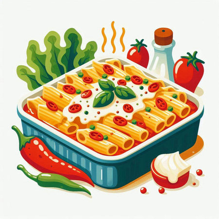 Illustration of pasta with tomato sauce and herbs in a baking dishのイラスト素材