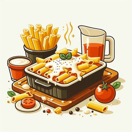 Illustration of a tray of italian pasta with tomato sauce.のイラスト素材