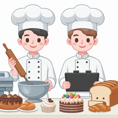 Chef and baker with cake and cupcake. Vector illustration.のイラスト素材