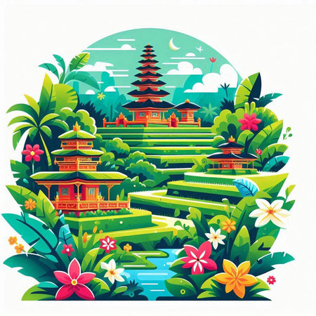 Beautiful vector illustration of a Chinese temple surrounded by flowers and plantsのイラスト素材