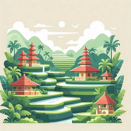 Vector illustration of a beautiful tropical landscape with green trees, house and pagodaのイラスト素材