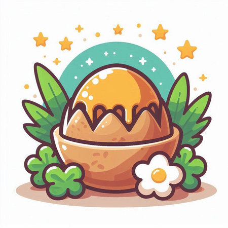 Illustration of a Cute Cartoon Easter Egg with Flowers and Starsのイラスト素材