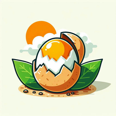 Egg yolk in shell with green leaves. Vector illustration.のイラスト素材