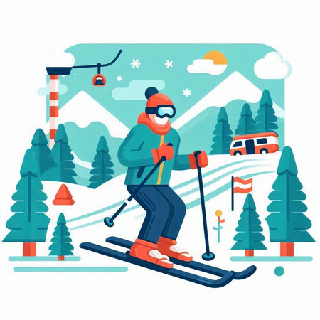 Vector illustration of skier in mountains. Ski resort. Winter vacation.のイラスト素材