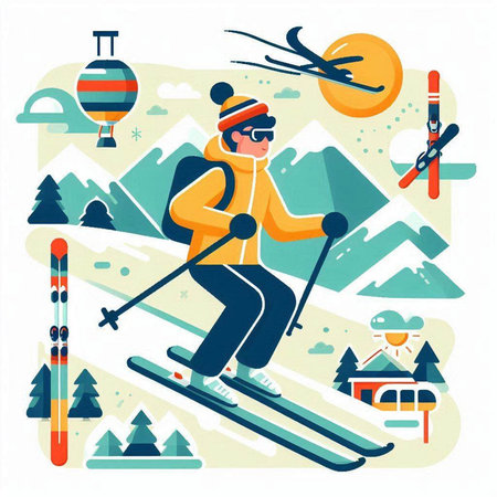 Skier skiing in mountains flat vector illustration. Skier in winter sport activity.のイラスト素材