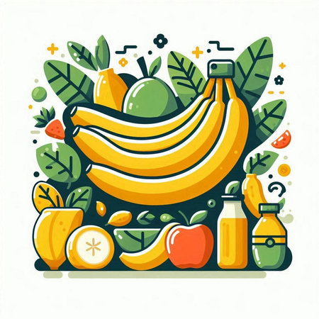 Vector illustration with fruits and juice in flat style. Healthy lifestyle concept.のイラスト素材