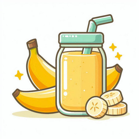 Banana smoothie in a jar with a straw. Vector illustration.のイラスト素材