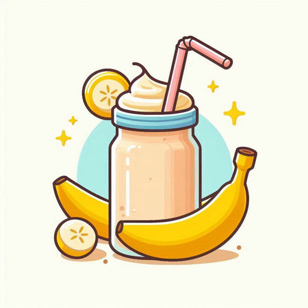 Banana smoothie in a glass jar with a straw. Vector illustration.のイラスト素材