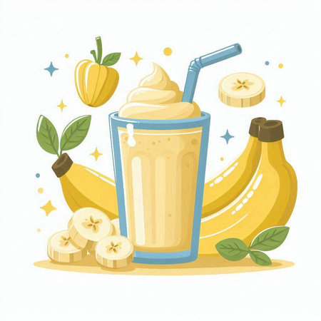 Banana smoothie in a glass with a straw. Vector illustration.のイラスト素材