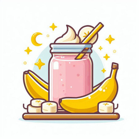 Banana smoothie in a glass jar. Vector illustration in cartoon style.のイラスト素材