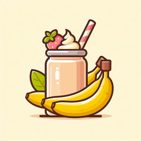 Banana milkshake with whipped cream and fresh fruits. Vector illustration.のイラスト素材