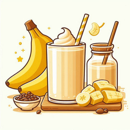 Banana smoothie in a glass with a straw and ingredients. Vector illustration.のイラスト素材
