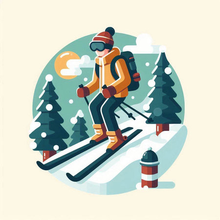 Skiing in the mountains. Vector illustration in flat style.のイラスト素材