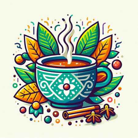 Cup of tea with leaves and cinnamon. Colorful vector illustration.のイラスト素材