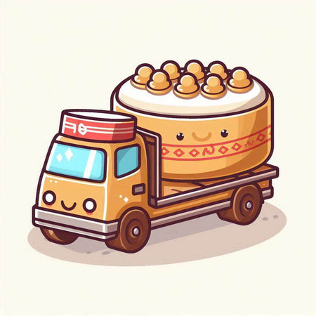 Illustration of a Cute Cartoon Fast Food Truck with Cake on Wheelsのイラスト素材