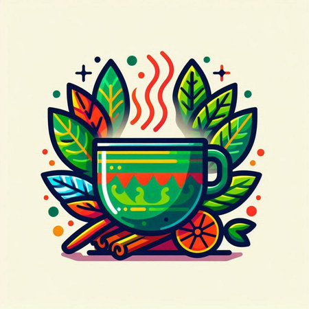 Cup of hot tea with cinnamon and leaves. Vector illustration.のイラスト素材