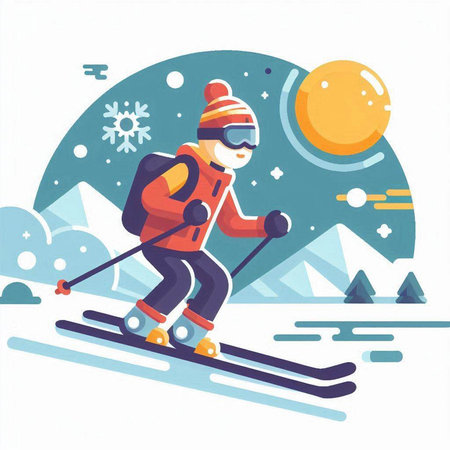Skiing in the mountains. Flat style. Vector illustration.のイラスト素材