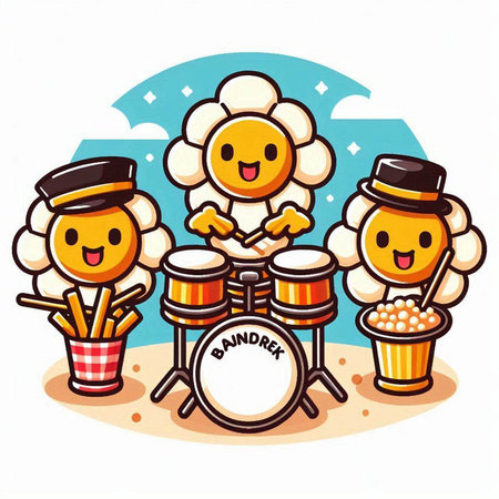 Illustration of Cute Cartoon Sunflower Mascot Character Playing Drumsのイラスト素材
