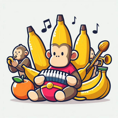 Funny monkey playing the accordion with bananas and fruits. Vector illustration.のイラスト素材