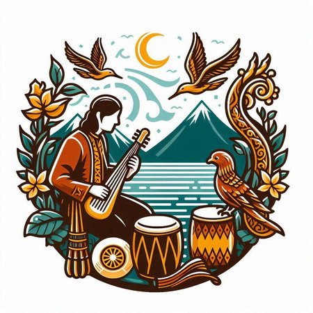 Mongolian musician playing guitar and singing. Vector illustration.のイラスト素材