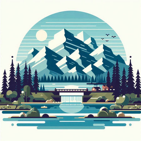 Landscape with mountains, lake and forest in flat style. Vector illustration.のイラスト素材