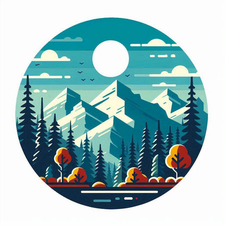 Mountains, forest and lake in the circle. Vector illustration.のイラスト素材