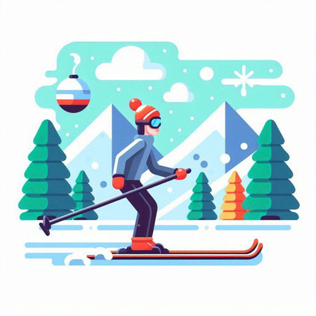 Man skiing in winter forest flat vector illustration. Cartoon skier with ski poles and snowboard.のイラスト素材
