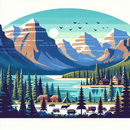 Mountains and lake in the forest. Mountain landscape. Vector illustration.のイラスト素材