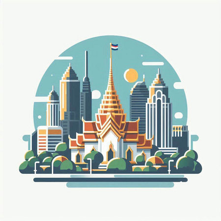 Vector illustration of Bangkok city skyline in flat style. Travel and tourism concept.のイラスト素材