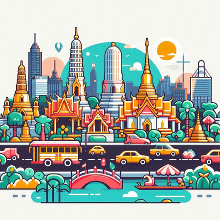 Bangkok cityscape with famous landmark. Vector illustration in flat styleのイラスト素材