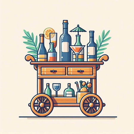 Wooden cart with bottles and glasses of wine. Vector illustration.のイラスト素材