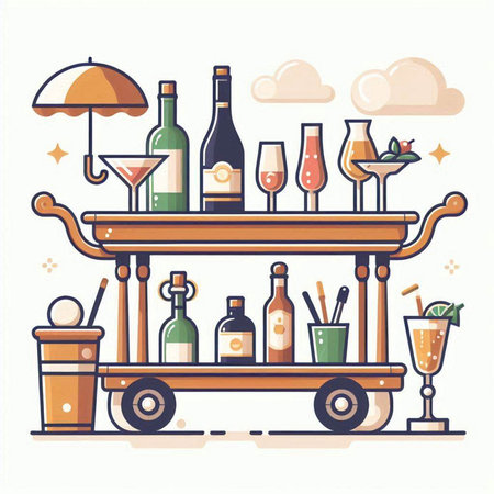 Cocktail bar stand with bottles, glasses and drinks. Vector illustrationのイラスト素材
