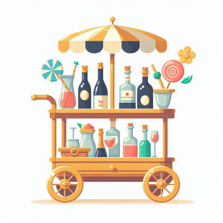 Vector illustration of a wooden cart with bottles of wine, cocktail, lollipops, ice cream and other drinks.のイラスト素材